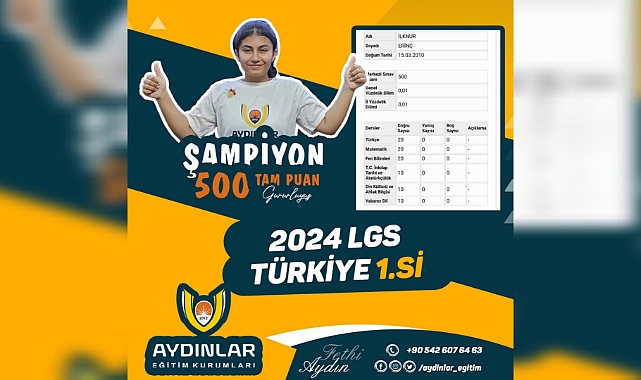 LGS Türkiye Birincisi Aydınlar Eğitim Kurumlarından