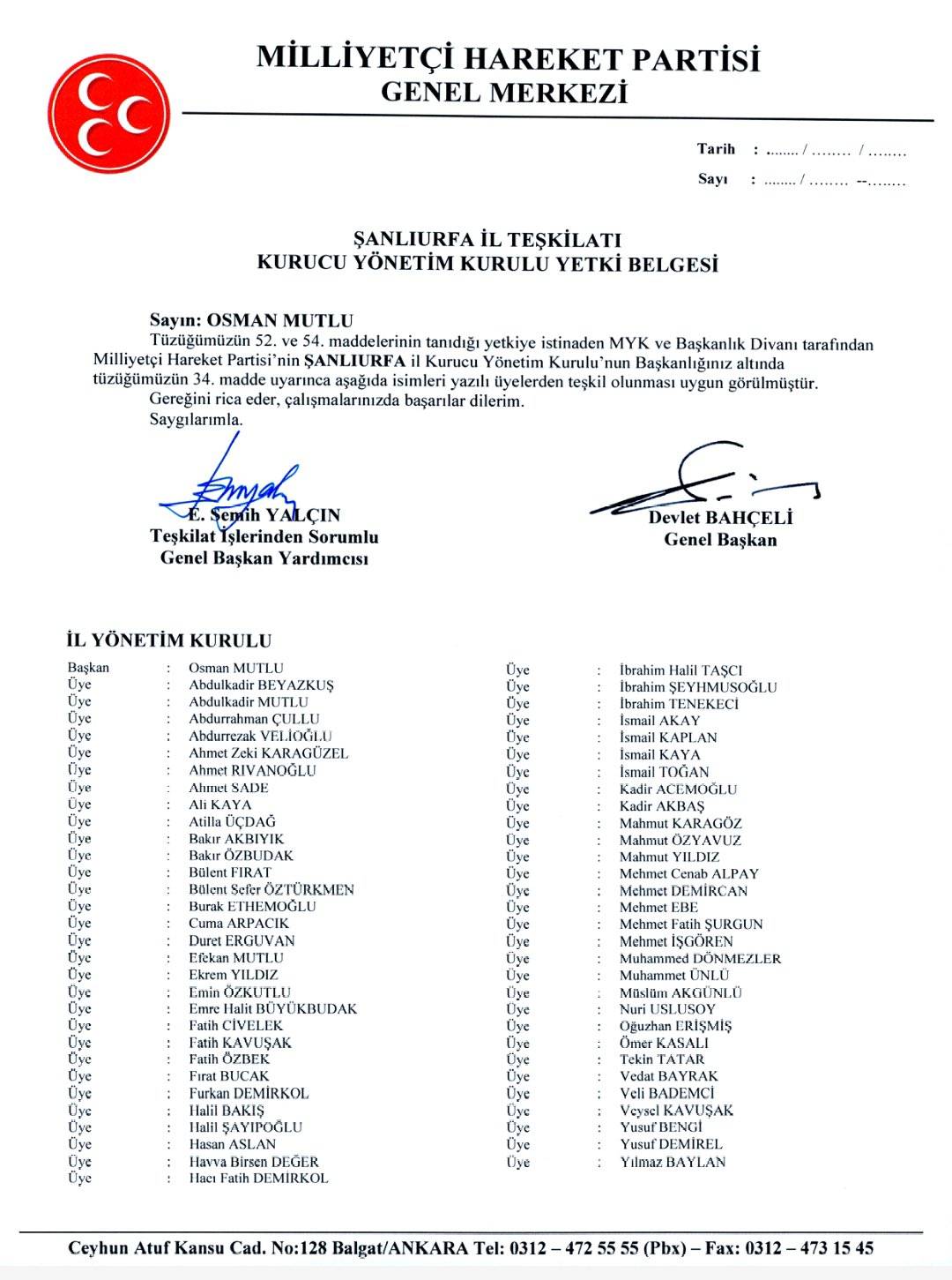 MHP Urfa’da Yeni Dönem: Osman Mutlu A Takımını Açıkladı