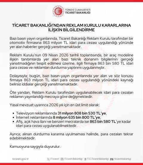 Ticaret Bakanlığı’ndan Reklam Kurulu Kararlarına İlişkin Açıklama